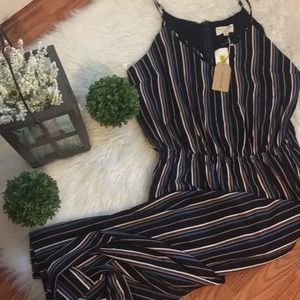 Navy, White, & Maroon Striped Jumpsuit.